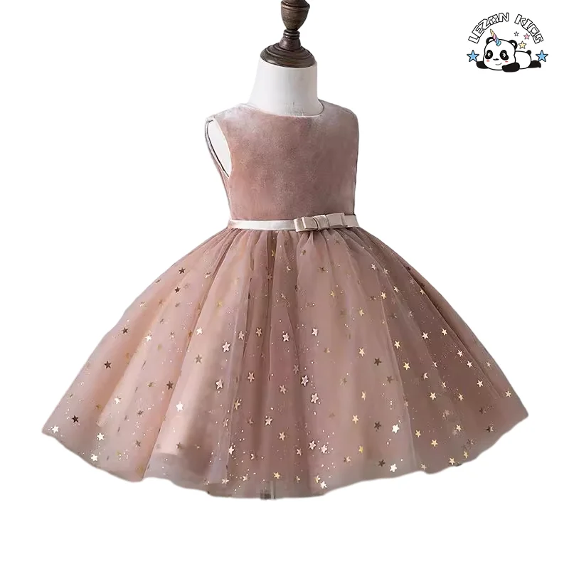 LEZONKIDS - Vestido de Menina Tulle com Impressão de Folha de Prata para o Verão, sem Mangas, para Festa